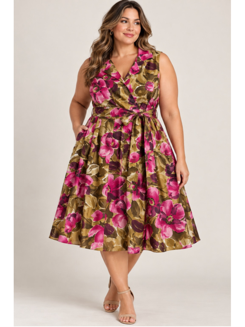 Jessica Howard 20W Pink Floral Belted Fit & Flare Knee Length Dress